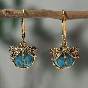 Rustic Dragonfly Round Drop Earrings